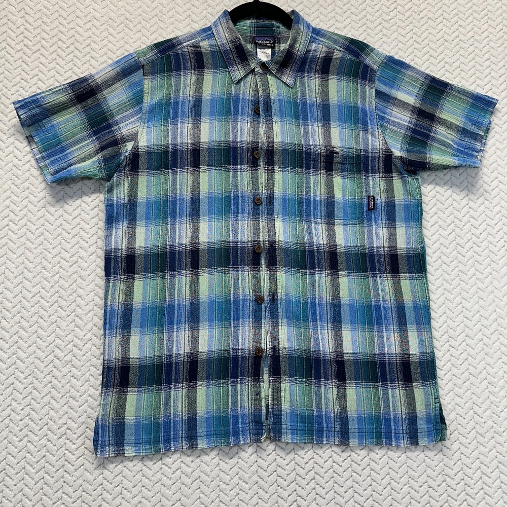 Patagonia Shirt Adult Medium Blue Green Plaid Organic Cotton Button Short Sleeve